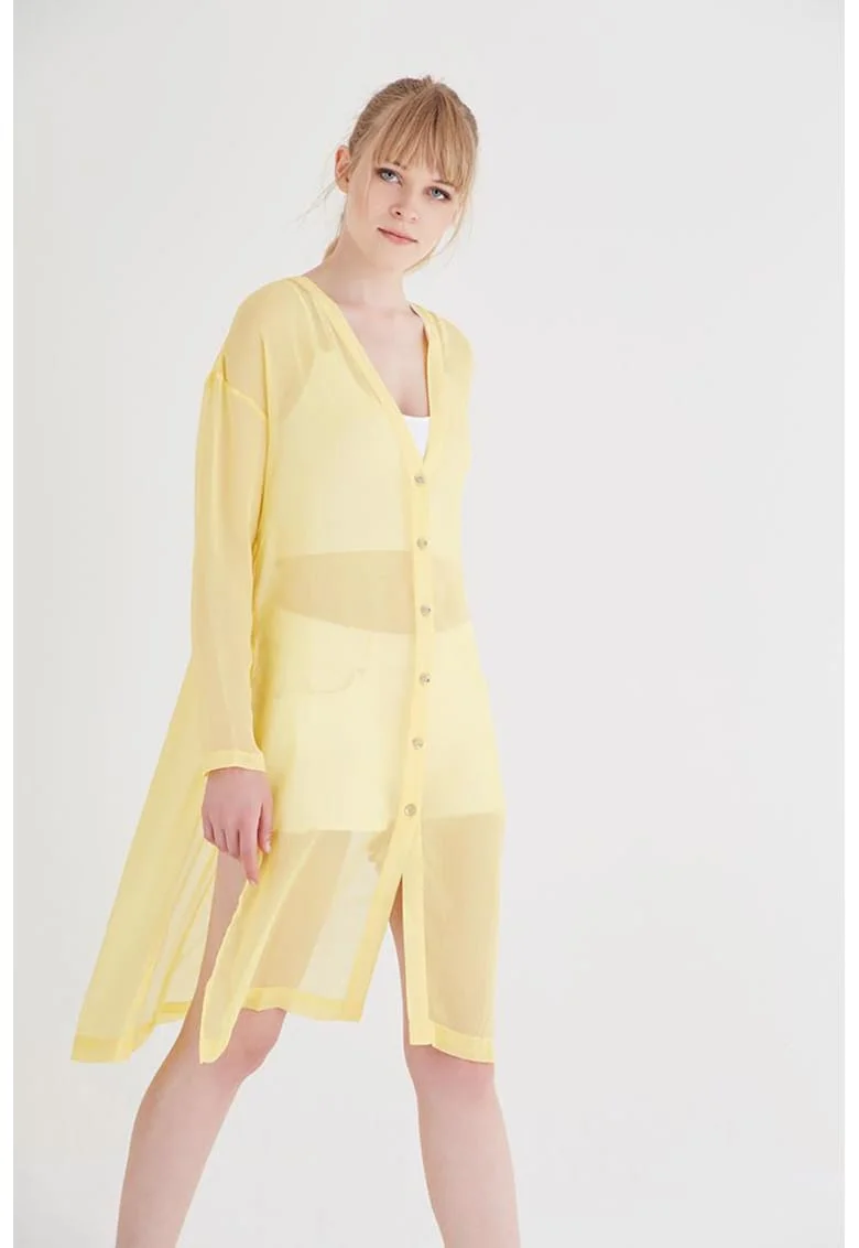 Cardigan semitransparent cu slituri laterale, Galben deschis