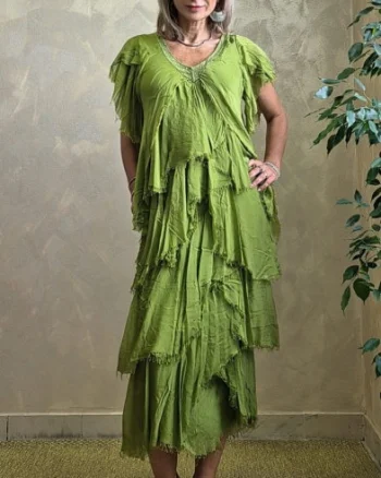 Rochie lunga din matase cu volane suprapuse asimetrice si paiete fine la decolteu, verde olive