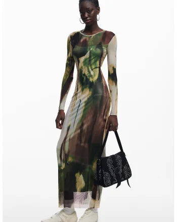 Rochie lunga semitransparenta cu model, Verde/Maro/Bej