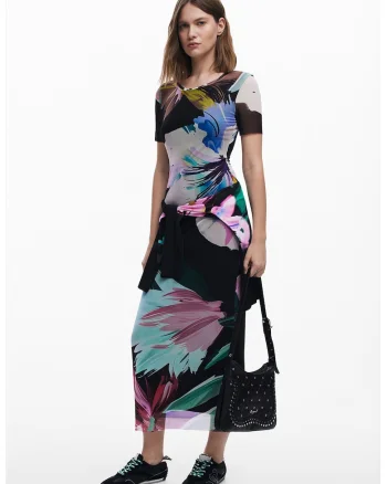 Rochie cu imprimeu floral si maneci scurte, Verde/Negru/Albastru glaciar