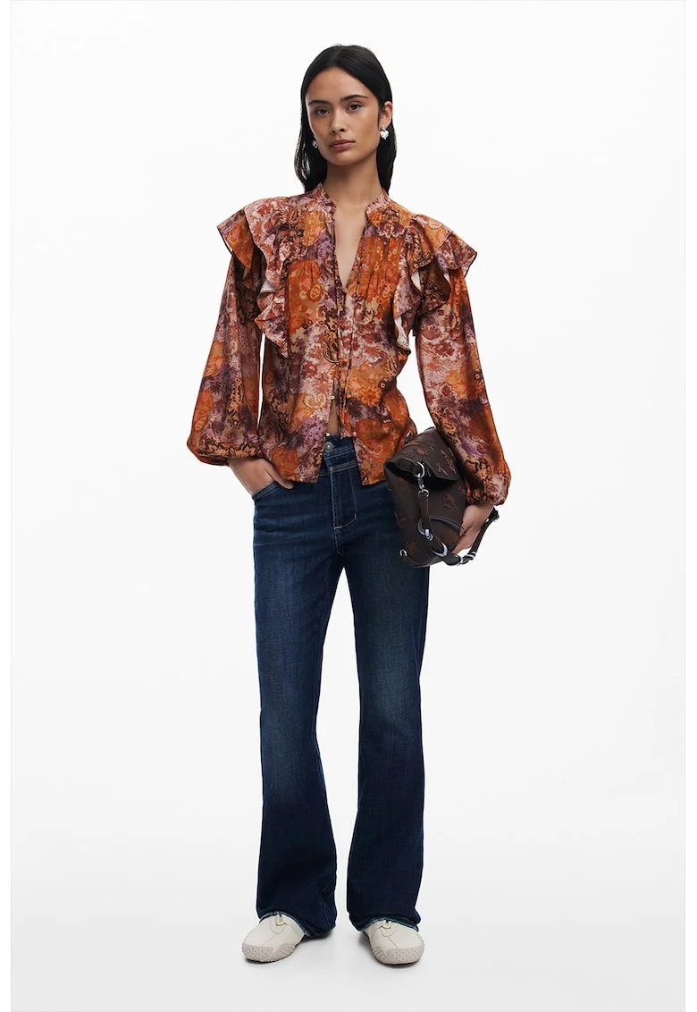 Bluza cu nasturi si imprimeu paisley, Maro cognac/Maro deschis