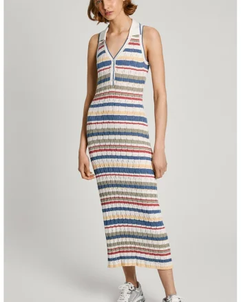 Rochie fara maneci cu model in dungi si guler, Multicolor