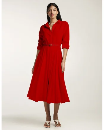 Rochie-camasa midi cu pliuri si o curea, Rosu vermillion