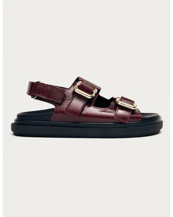 Sandale din piele lacuita cu inchidere velcro, Visiniu
