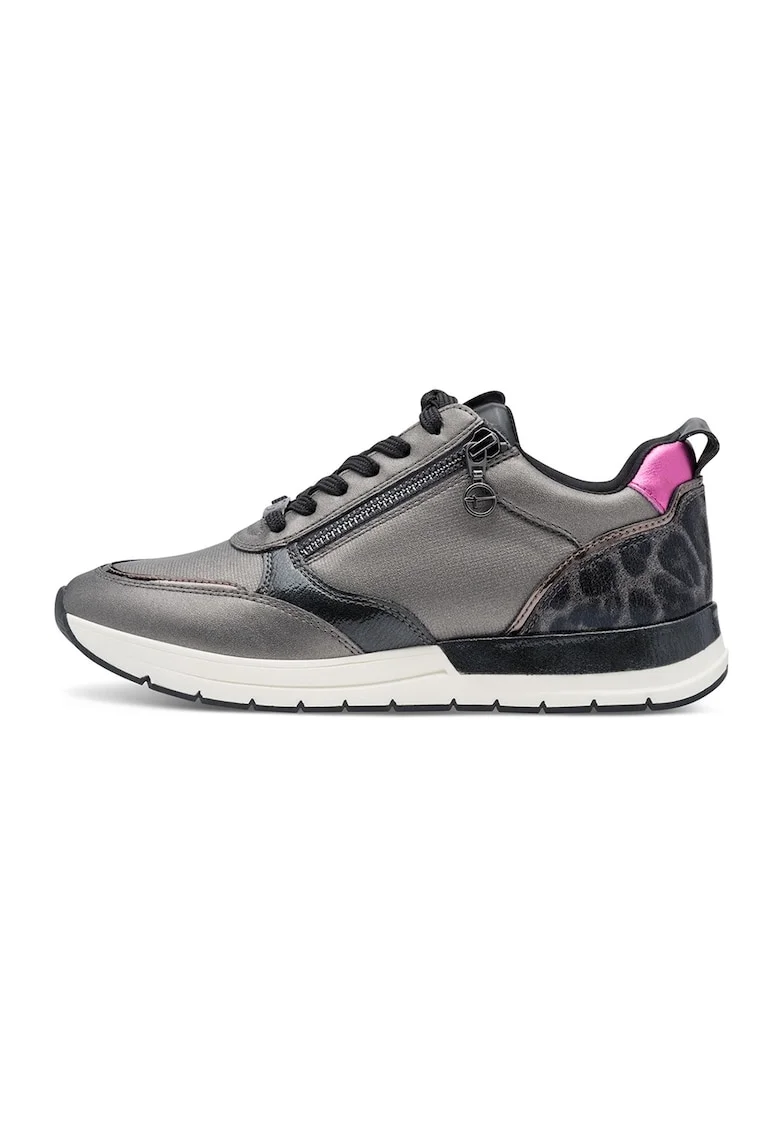 Pantofi sport cu garnituri din piele ecologica si material textil, Gri deschis/Albastru inchis/Argintiu