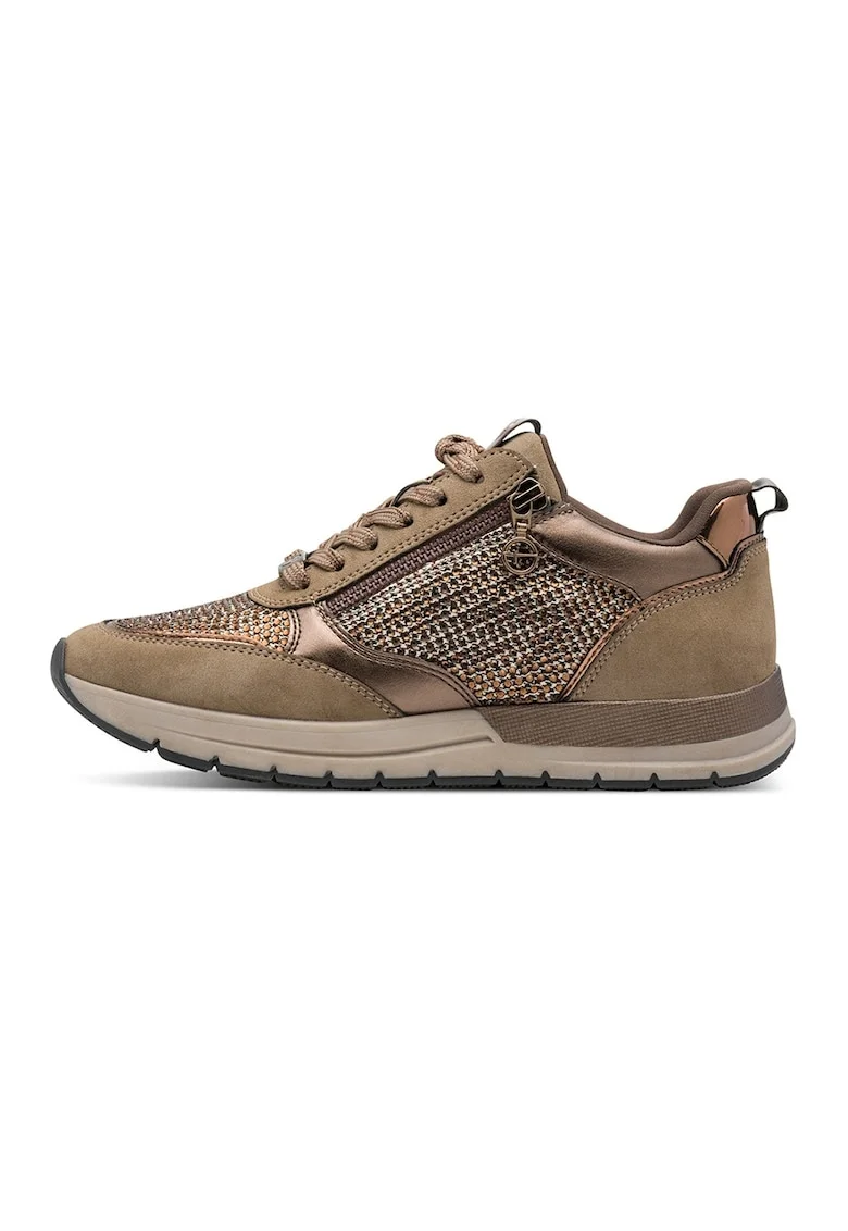 Pantofi sport din material textil cu garnituri din piele ecologica, Maro taupe/Bronz
