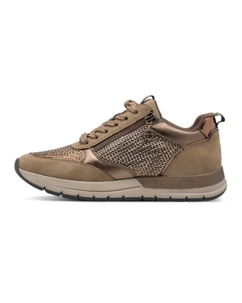 Pantofi sport din material textil cu garnituri din piele ecologica, Maro taupe/Bronz