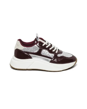 Pantofi sport wedge de piele ecologica, Alb/Visiniu/Argintiu