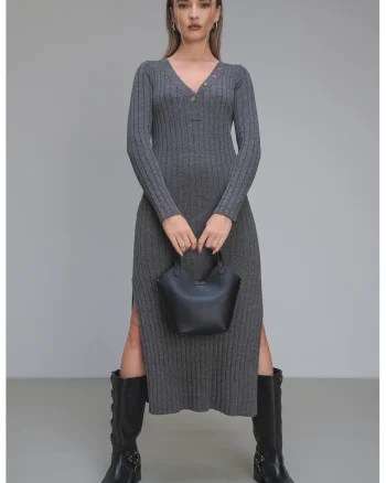 Rochie din amestec de lana cu slituri laterale Izabel, Gri