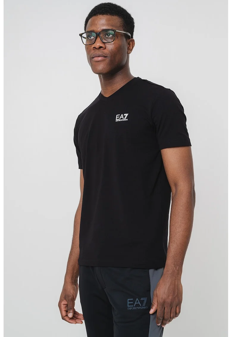 Tricou din amestec de bumbac cu logo, Negru stins/Alb optic
