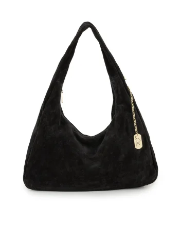 Geanta hobo din piele intoarsa cu accesoriu logo, Negru
