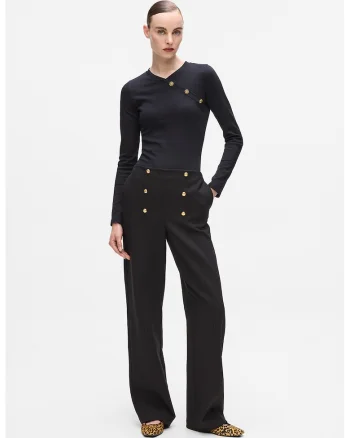 Pantaloni cu talie inalta si nasturi decorativi, Negru