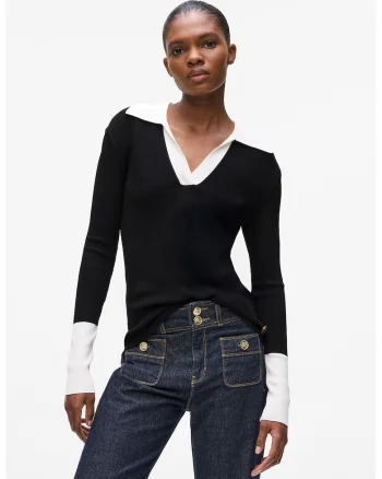 Pulover cu guler contrastant, Alb/Negru