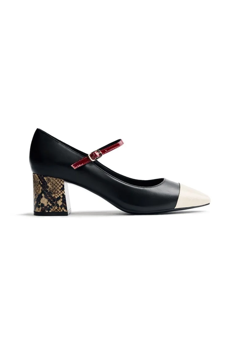Pantofi Mary Jane de piele ecologica cu aplicatie cap-toe, Negru