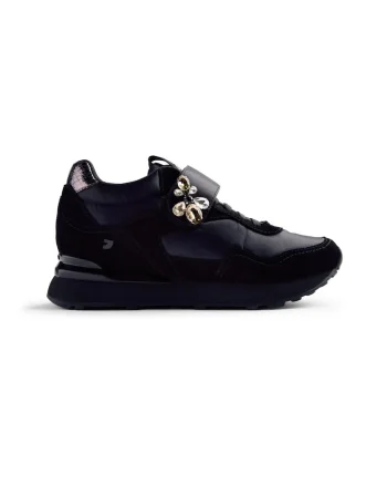 Pantofi sport wedge de piele intoarsa cu detaliu cu bijuterie, Negru