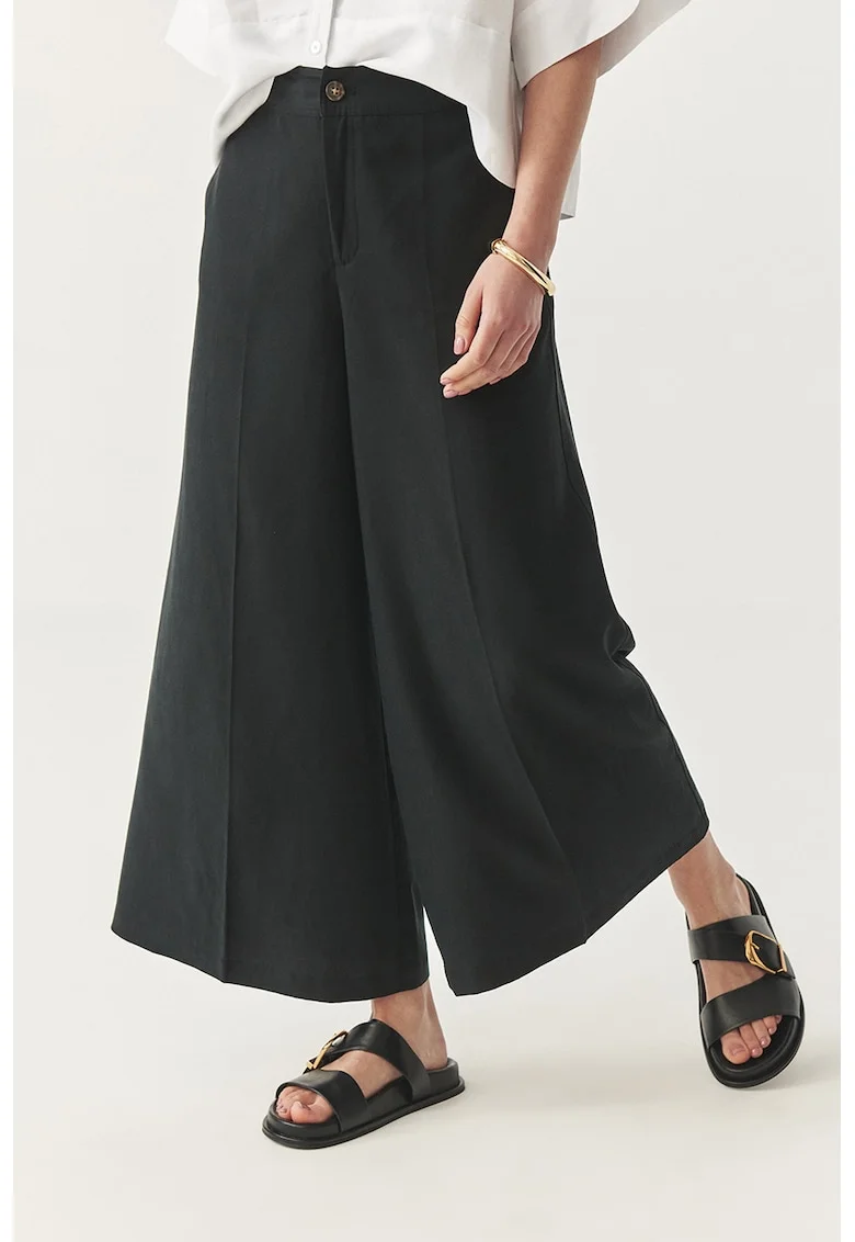 Pantaloni culottes din lyocell si in, Negru