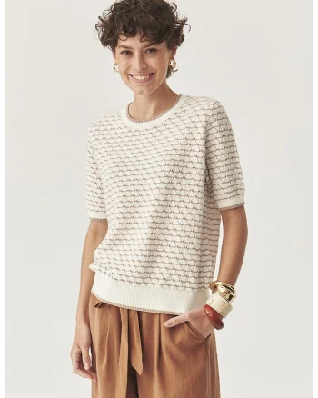 Tricou crosetat cu model in dungi, Alb fildes/Maro