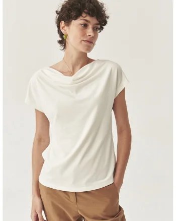 Tricou din amestec de modal si decolteu drapat, Alb fildes