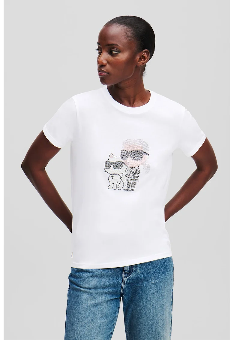 Tricou de bumbac organic cu aplicatii logo din strasuri, Negru/Alb optic