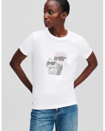 Tricou de bumbac organic cu aplicatii logo din strasuri, Negru/Alb optic