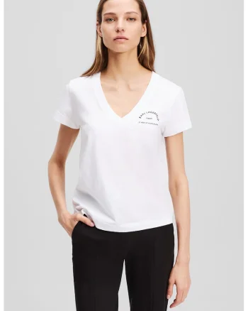 Tricou din bumbac organic cu imprimeu logo si decolteu in V, Alb