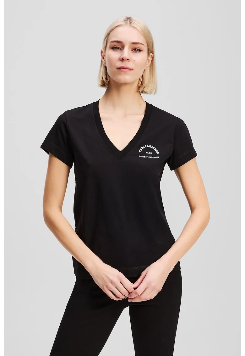 Tricou din bumbac organic cu imprimeu logo si decolteu in V, Negru