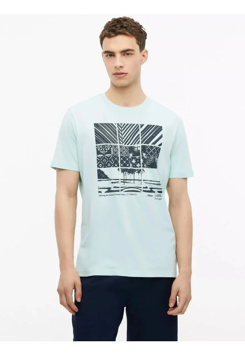 Tricou barbati, din bumbac, cu imprimeu frontal, Turcoaz deschis