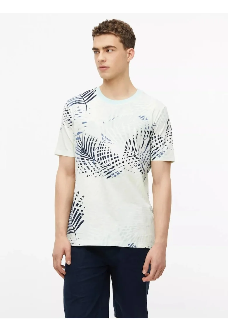 Tricou barbati, din jerseu de bumbac, cu imprimeu tropical, Turcoaz deschis