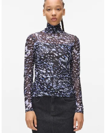Bluza semitransparenta cu guler inalt si model, Alb murdar/Albastru