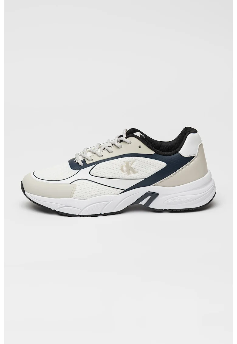 Pantofi sport low-cut cu garnituri de piele ecologica, Alb/Albastru ultramarin/Grej
