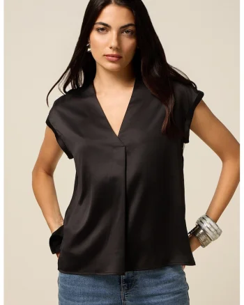 Bluza cu maneci scurte si aspect de satin, Negru