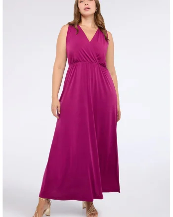 Rochie uni cu decolteu in V, Fucsia
