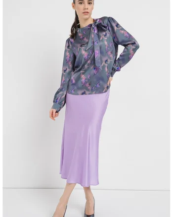 Bluza satinata cu model cu fluturi Calenta, Lila/Roz/Gri inchis