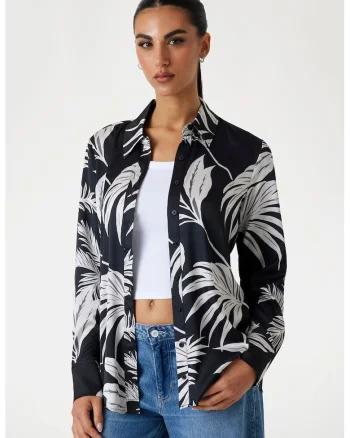 Camasa cu imprimeu tropical, Alb/Negru