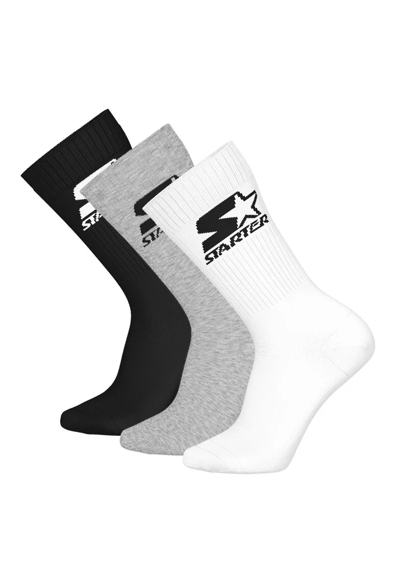 Set de sosete lungi unisex cu logo - 3 perechi, Alb/Negru/Gri