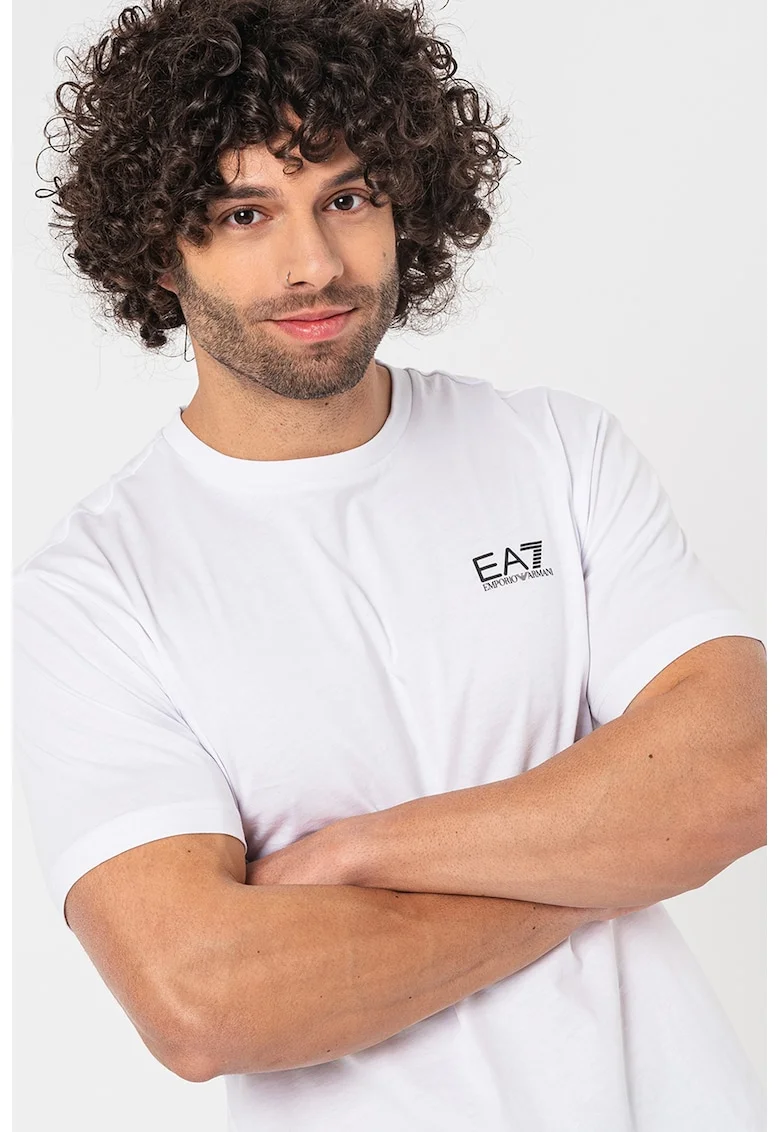Tricou de bumbac cu decolteu la baza gatului si imprimeu logo, Alb