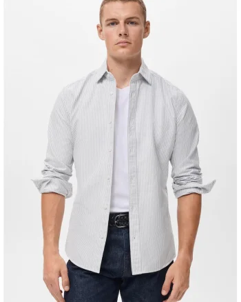 Camasa slim fit in dungi cu guler ascutit, Alb/Gri inchis