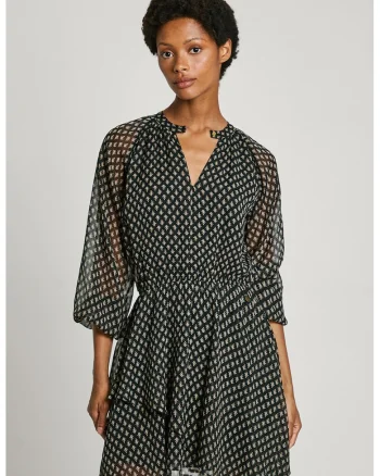 Rochie mini evazata cu model, Negru/Albastru deschis
