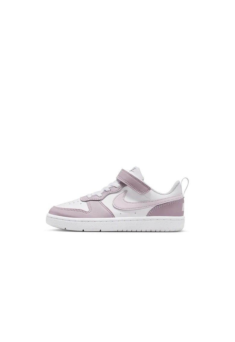 Pantofi sport din piele ecologica cu velcro Court Borough, Alb/Roz prafuit