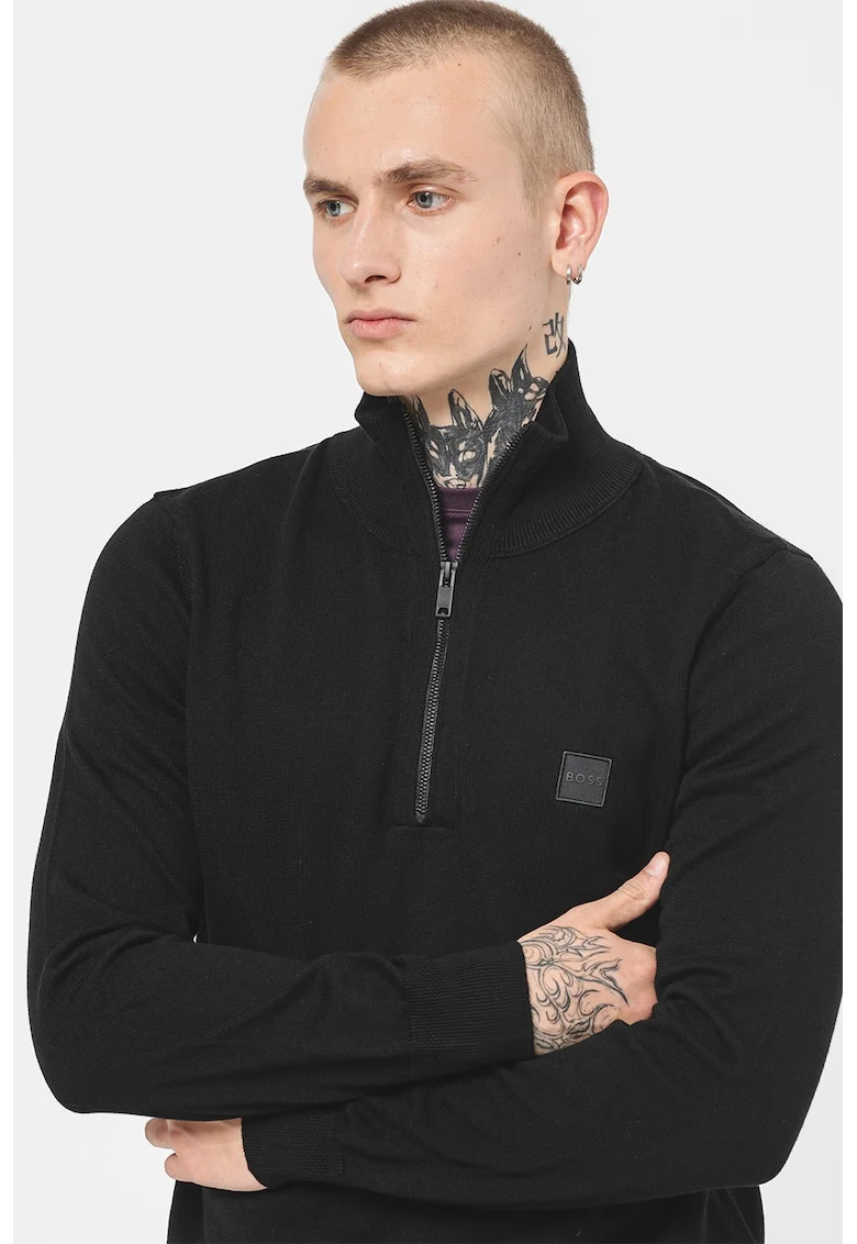 Pulover cu fenta cu fermoar si guler inalt Kanobix, Negru stins