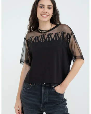 Tricou transparent cu logo, Negru