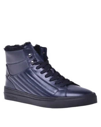 Pantofi sport mid-high din piele cu captuseala de blana, Albastru inchis