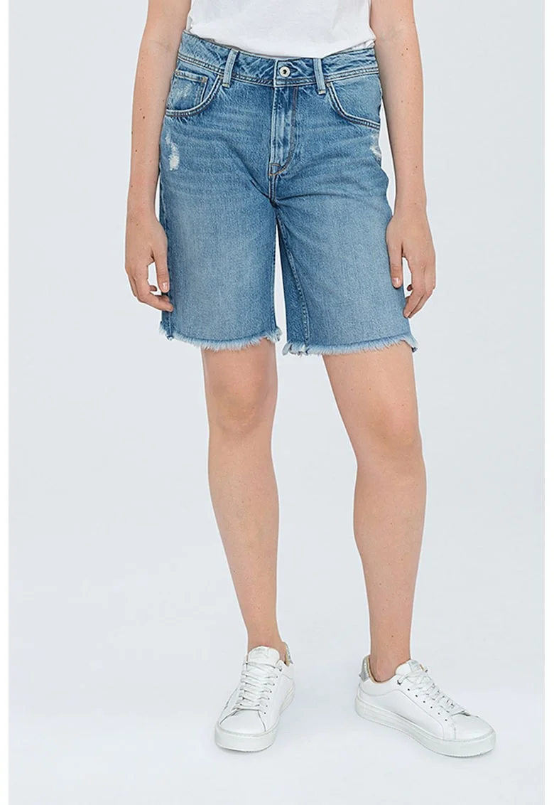 Bermude din denim, cu terminatii franjurate, Albastru inchis/Bleumarin