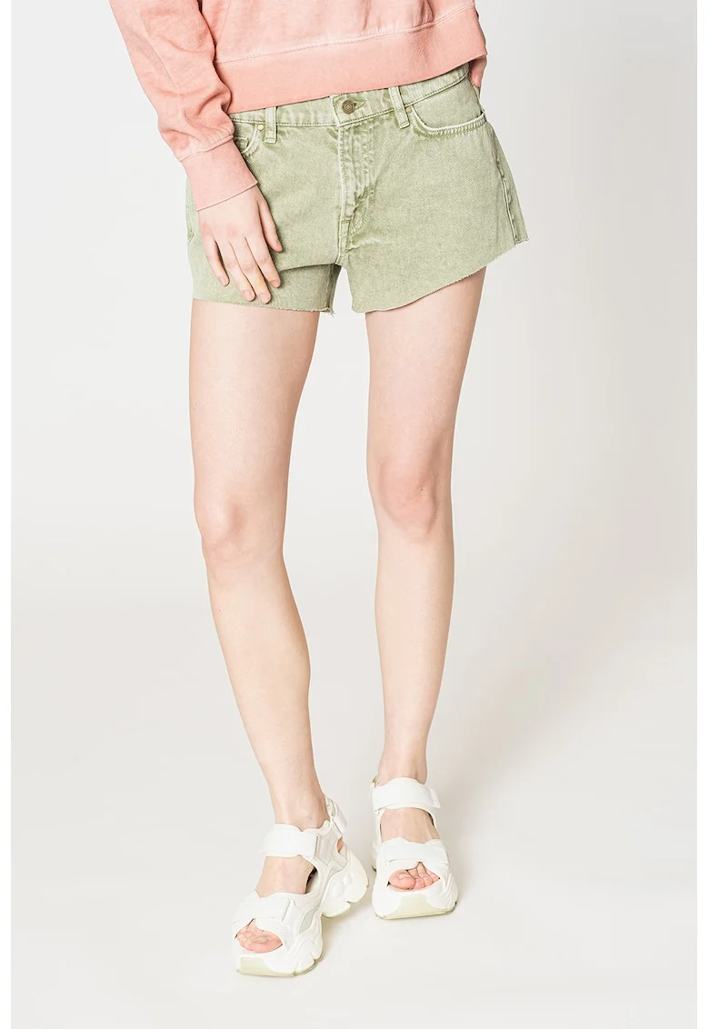 Pantaloni scurti de denim cu terminatii franjurate, Verde sparanghel