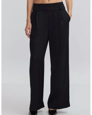 Pantaloni cu croiala ampla si banda dulba in talie, Negru
