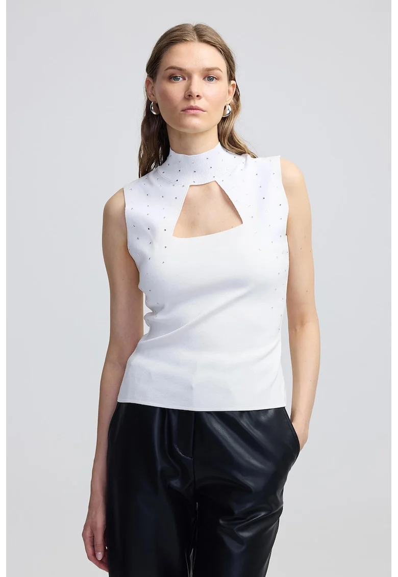Bluza cu decupaj, fara maneci, Alb/Argintiu