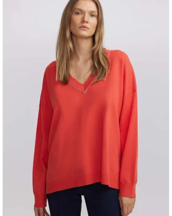 Pulover lejer cu decolteu in V si maneci cazute, Coral