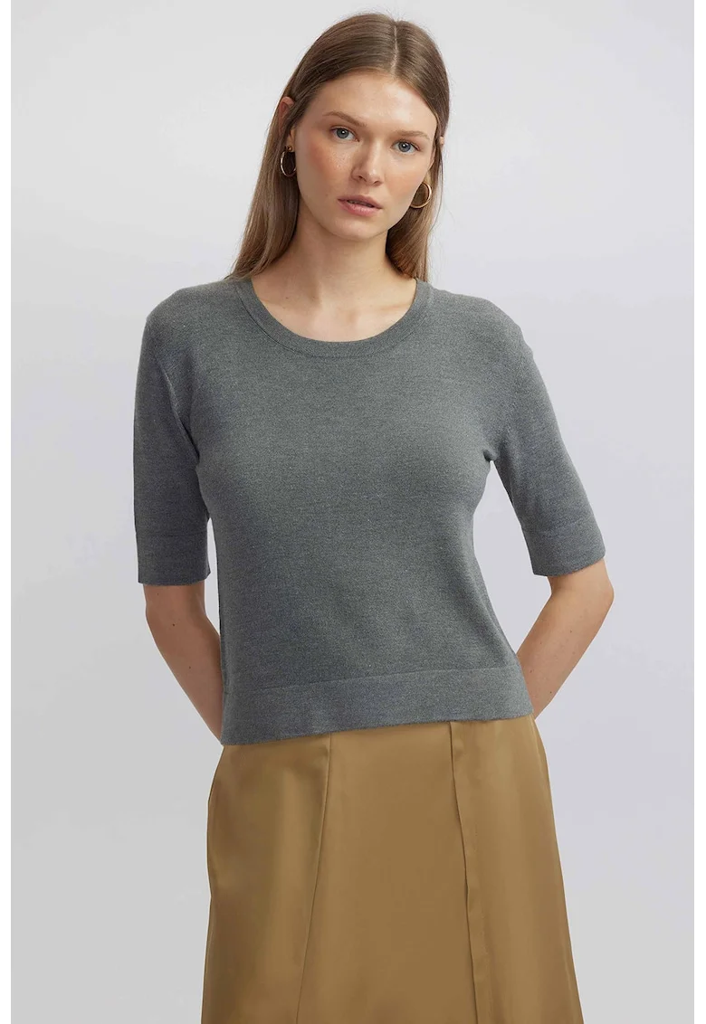 Bluza tricotata fin cu decolteu rotund, Gri melange