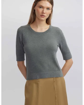 Bluza tricotata fin cu decolteu rotund, Gri melange