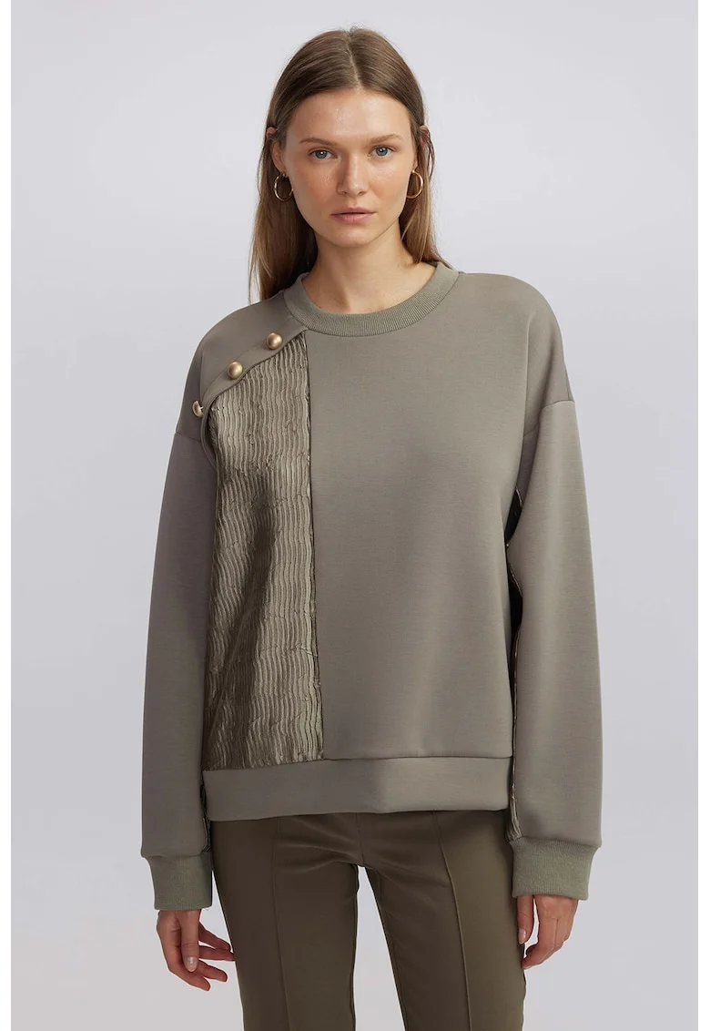 Bluza de trening cu margele si decolteu la baza gatului, Maro taupe